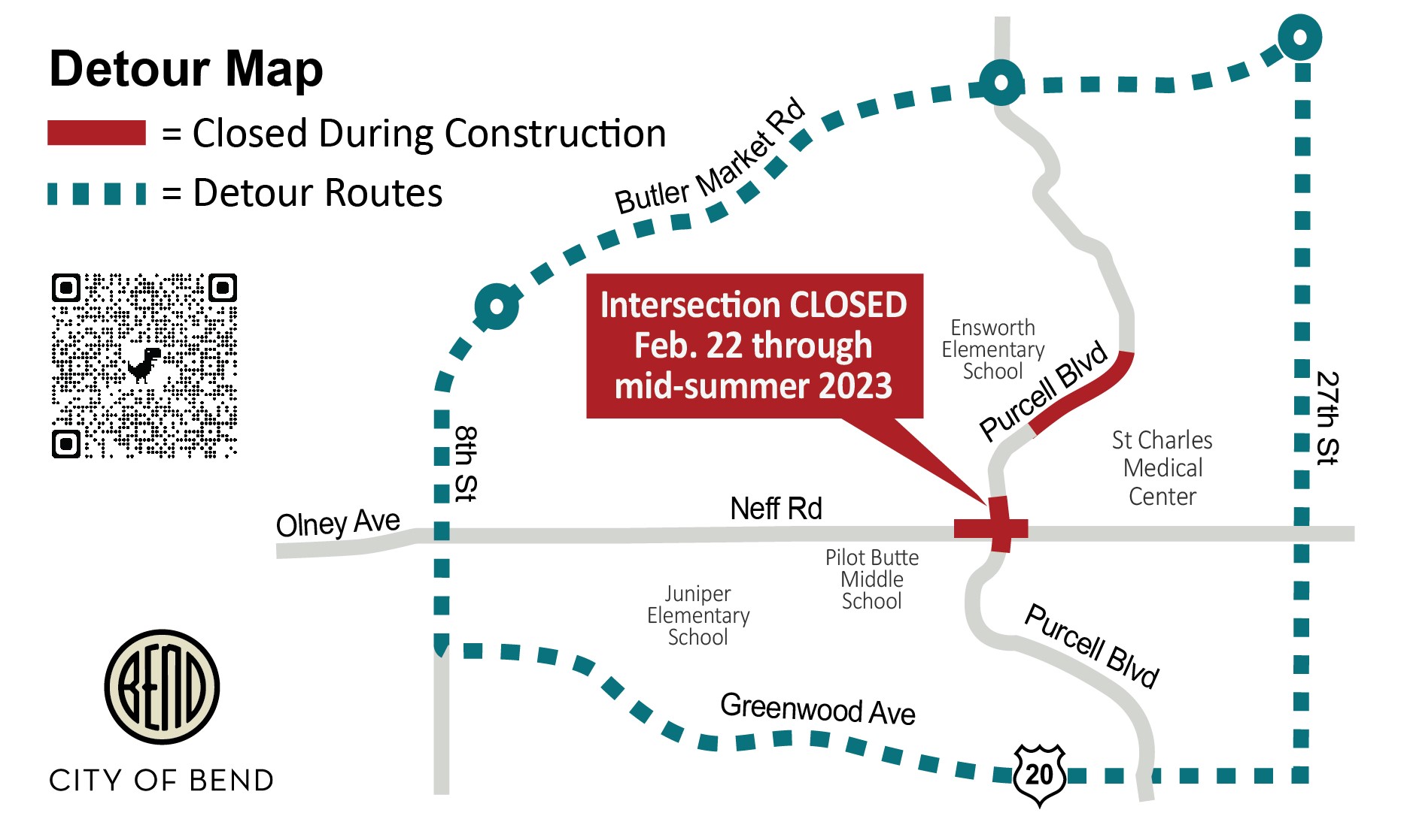 Detour routes include 8th Street, Greenwood Avenue, 27th Street and Butler Market Road.