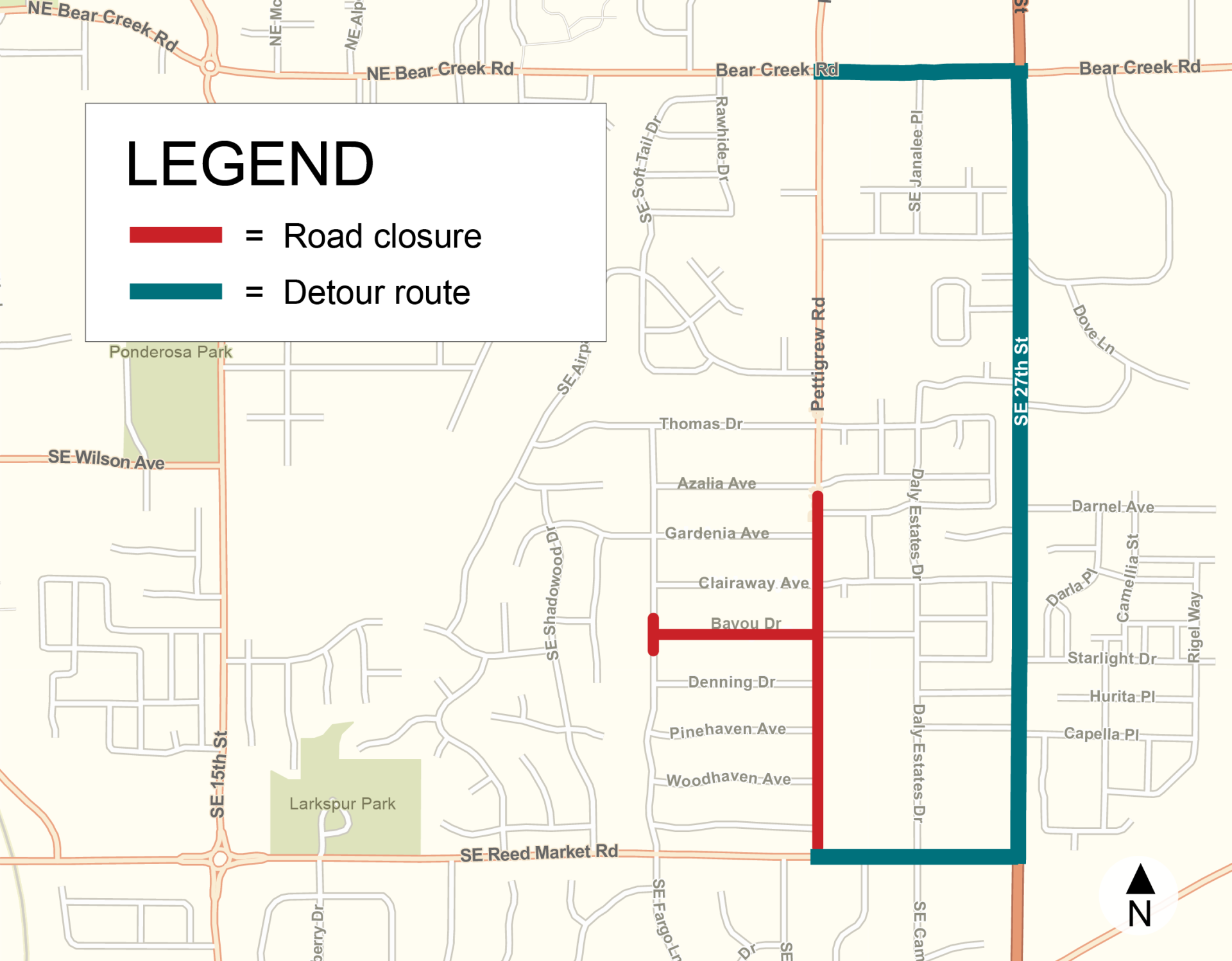 During construction, pettigrew road will be closed to through traffic between Reed Market Road and Azalia Avenue