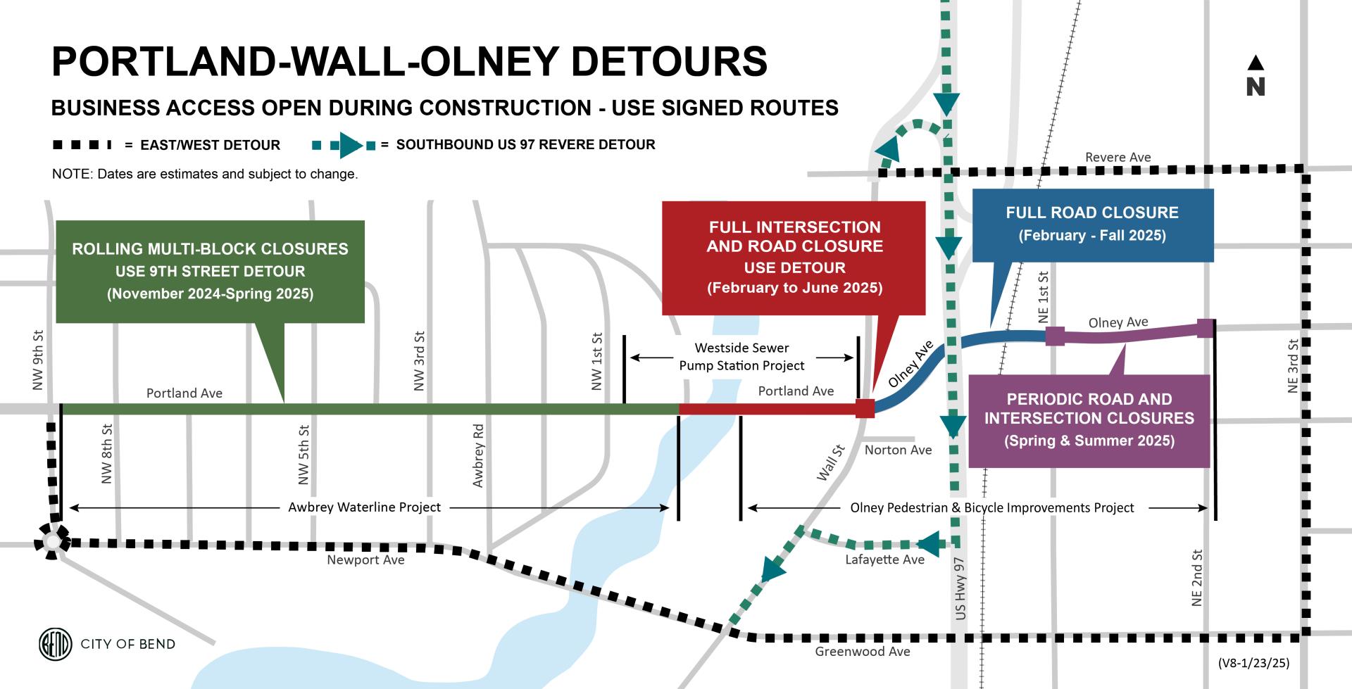 Wall and Olney intersection will be closed for construction beginning Feb 3, 2025. Olney Ave road closure from Steidl Road to NE First Street Feb. to Fall 2025