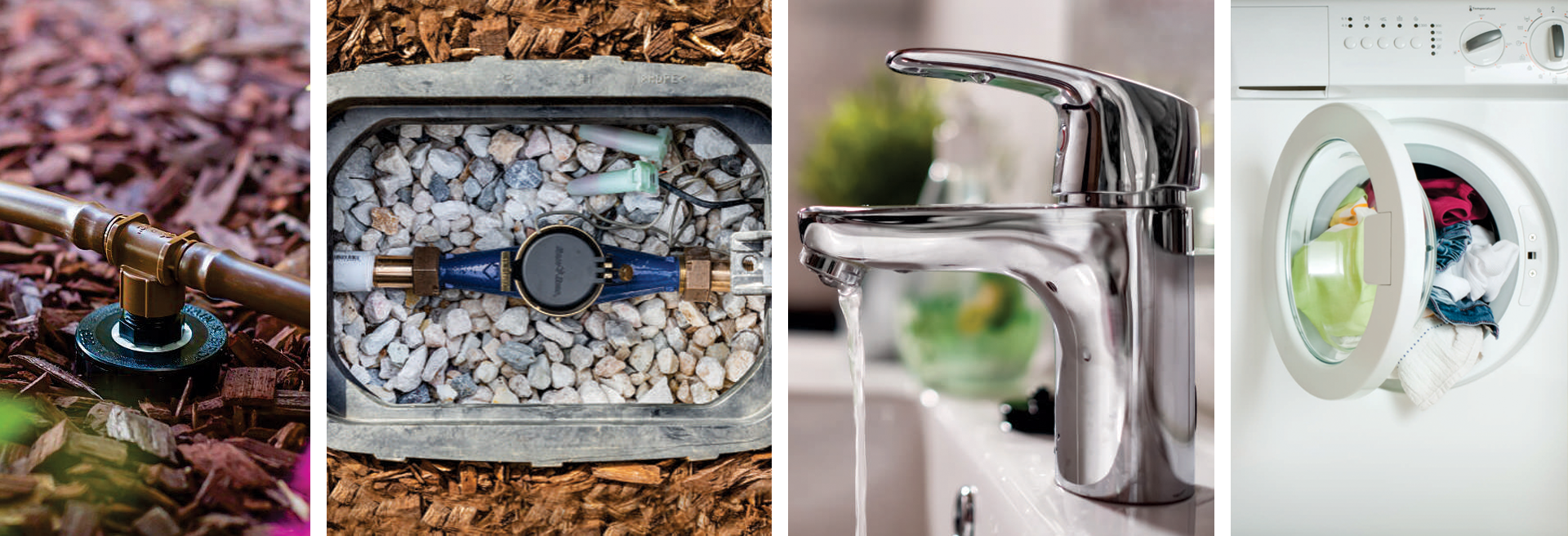 Collage of sprinkler conversion kit, backflow device, sink faucet, and washing machine.